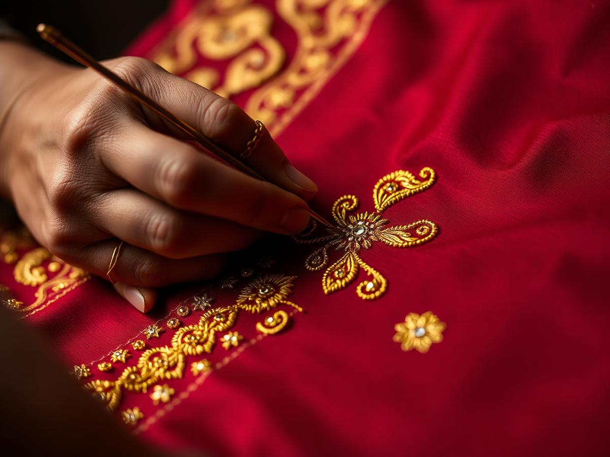 Artisan hand-stitching gold zardozi embroidery on maroon silk